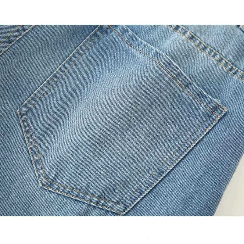 Trendy Blue Baggy High Waist Mom Jeans Women's Wide Leg Denim Pants