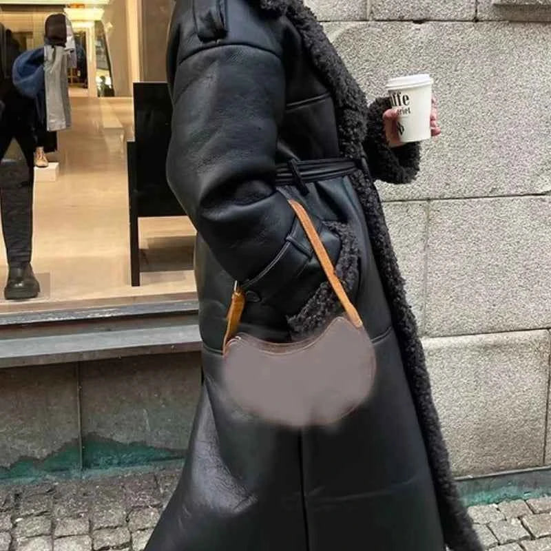 Women's Winter Faux Fur Leather Patchwork Jacket with Belted Long Sleeves