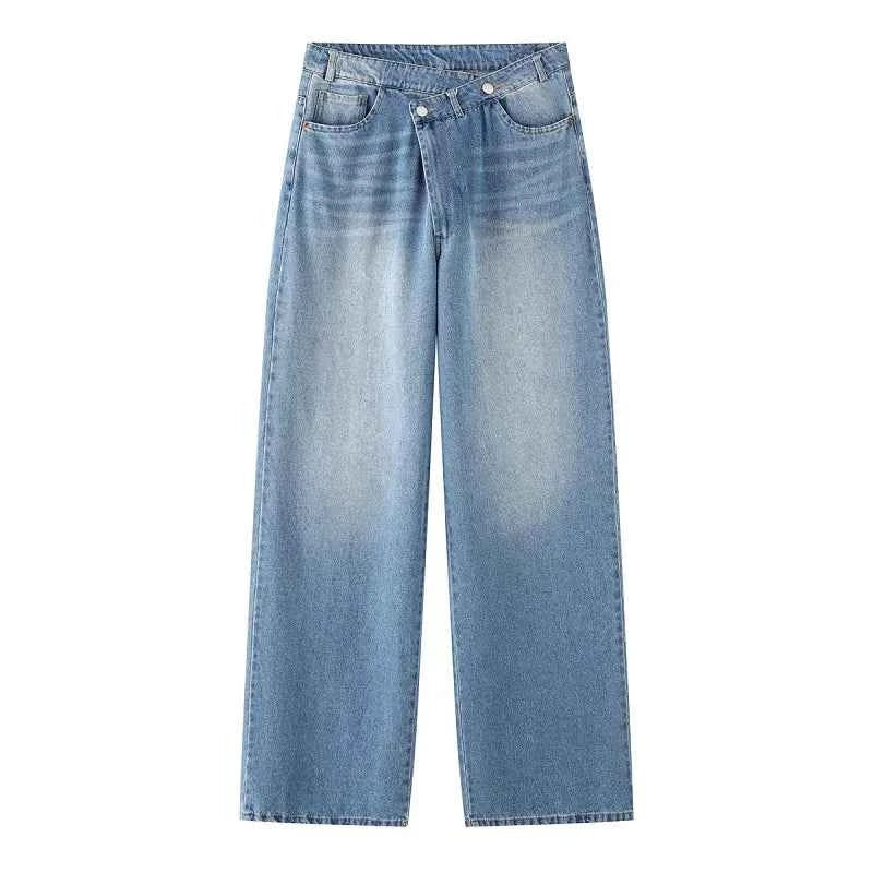 Trendy Blue Baggy High Waist Mom Jeans Women's Wide Leg Denim Pants
