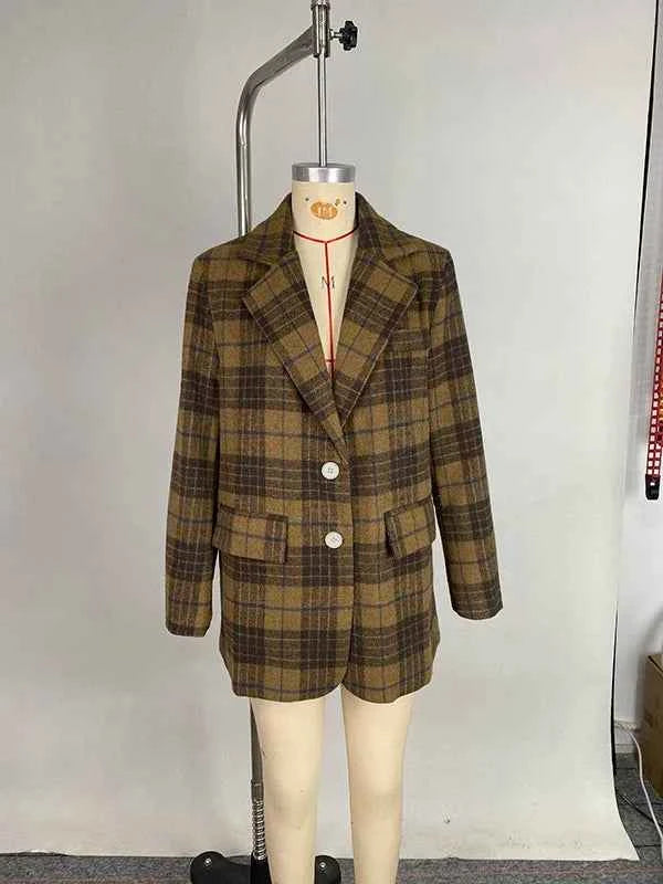 Elegant Women's Classic Plaid Wool Blend Blazer Coat Long Sleeves Office Outerwear