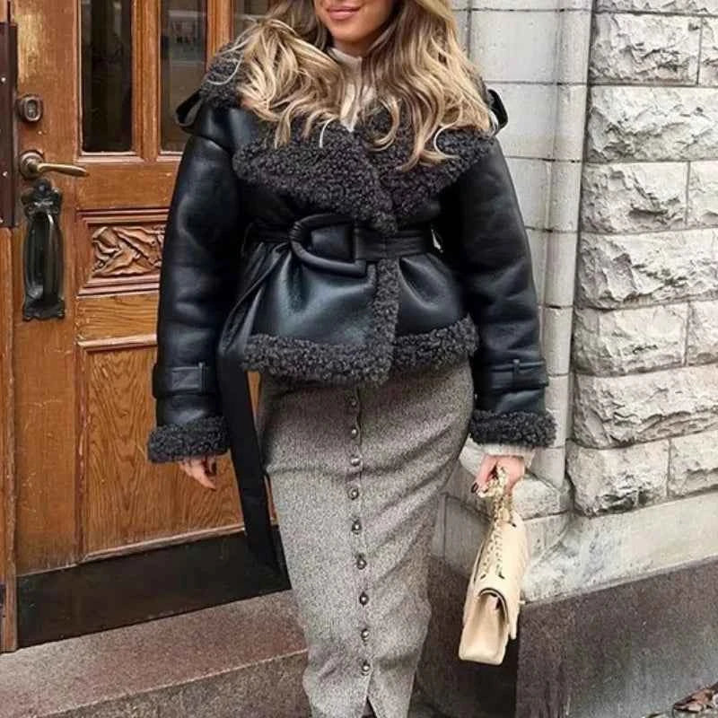 Women's Winter Faux Fur Leather Patchwork Jacket with Belted Long Sleeves