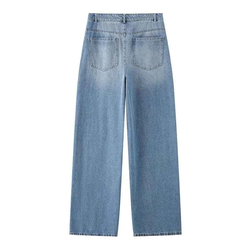 Trendy Blue Baggy High Waist Mom Jeans Women's Wide Leg Denim Pants