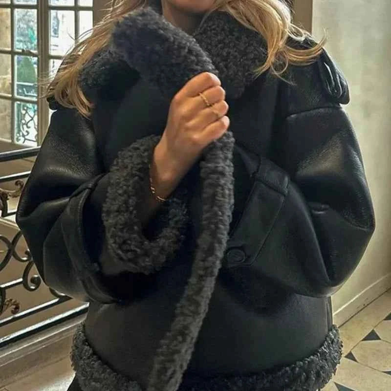 Women's Winter Faux Fur Leather Patchwork Jacket with Belted Long Sleeves