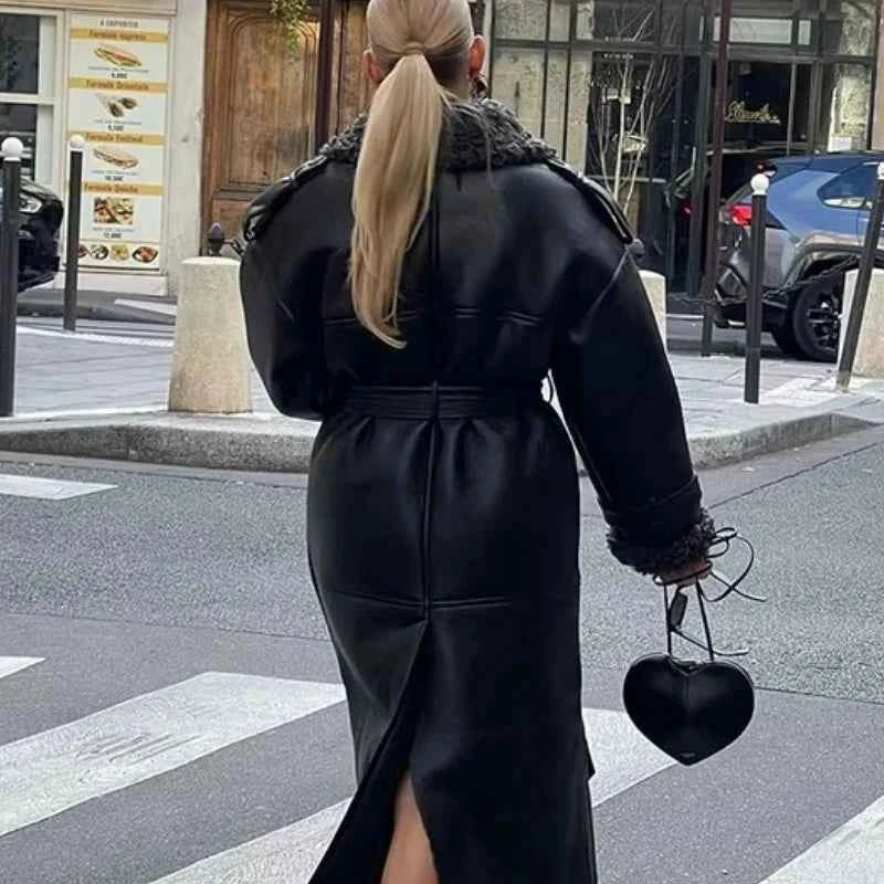 Women's Winter Faux Fur Leather Patchwork Jacket with Belted Long Sleeves