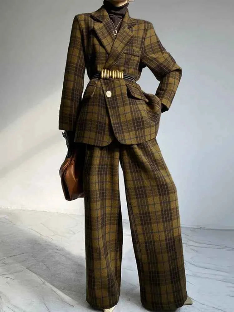 Elegant Women's Classic Plaid Wool Blend Blazer Coat Long Sleeves Office Outerwear